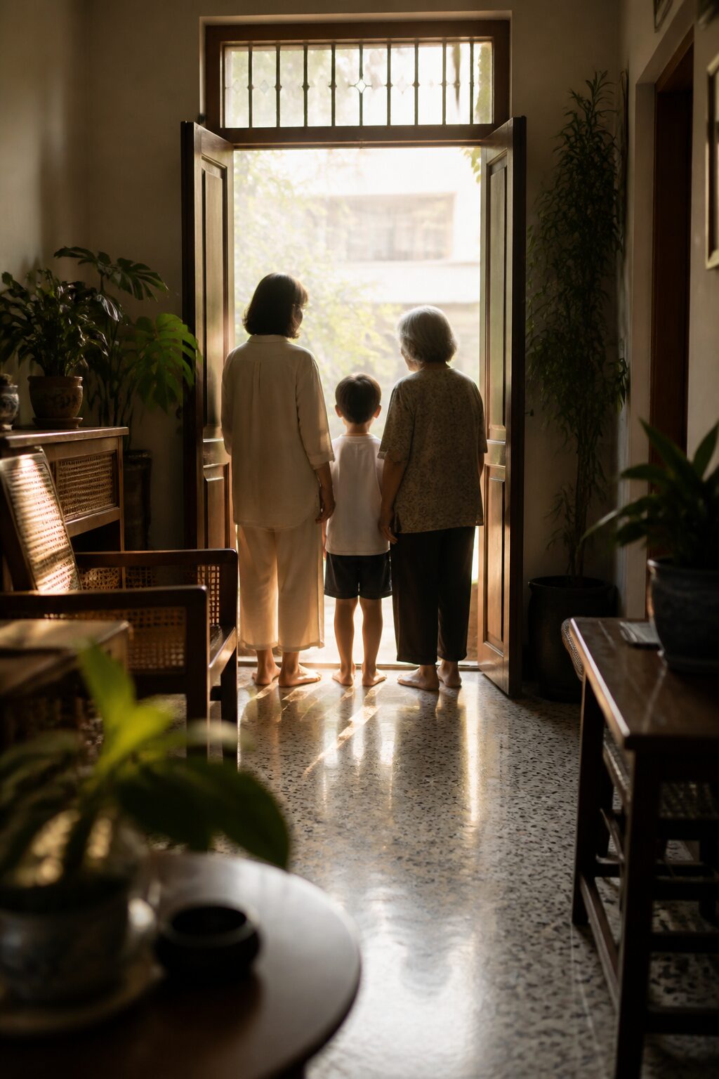 A Singapore family at the doorway of their home